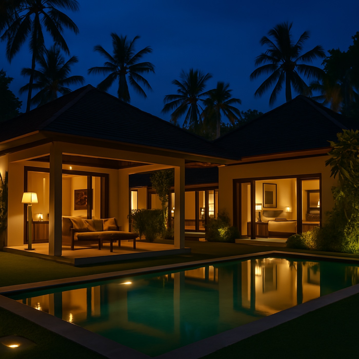 Premium-Villa auf Bali bei Nacht mit Pool
